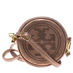 Tory Burch metallic leather logo round crossbody